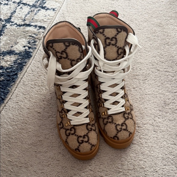 Gucci Shoes - Gucci Women's Beige and Brown Lace-Up Boots
